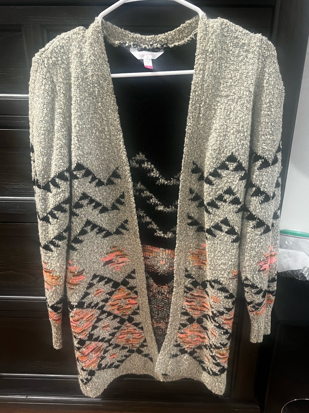 No Boundaries Tan Cardigan with Black and Coral Pattern